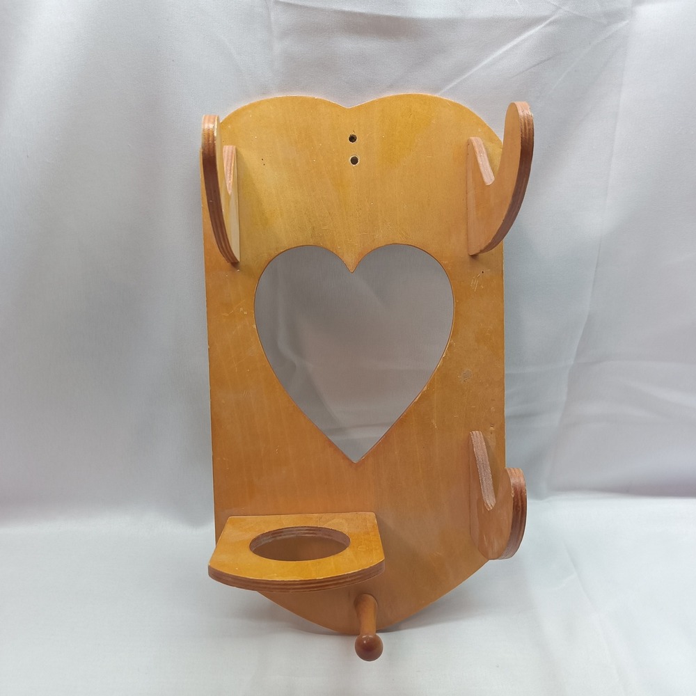 Vtg Wooden Heart Wall Organizer Hook Shelf Honey Brown Country Decor Cottagecore